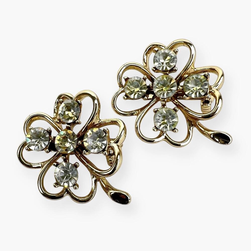 Sarah Coventry Rhinestone Pins Clover Lights 2 Small Sparkly Gold Tone 4 Leaf